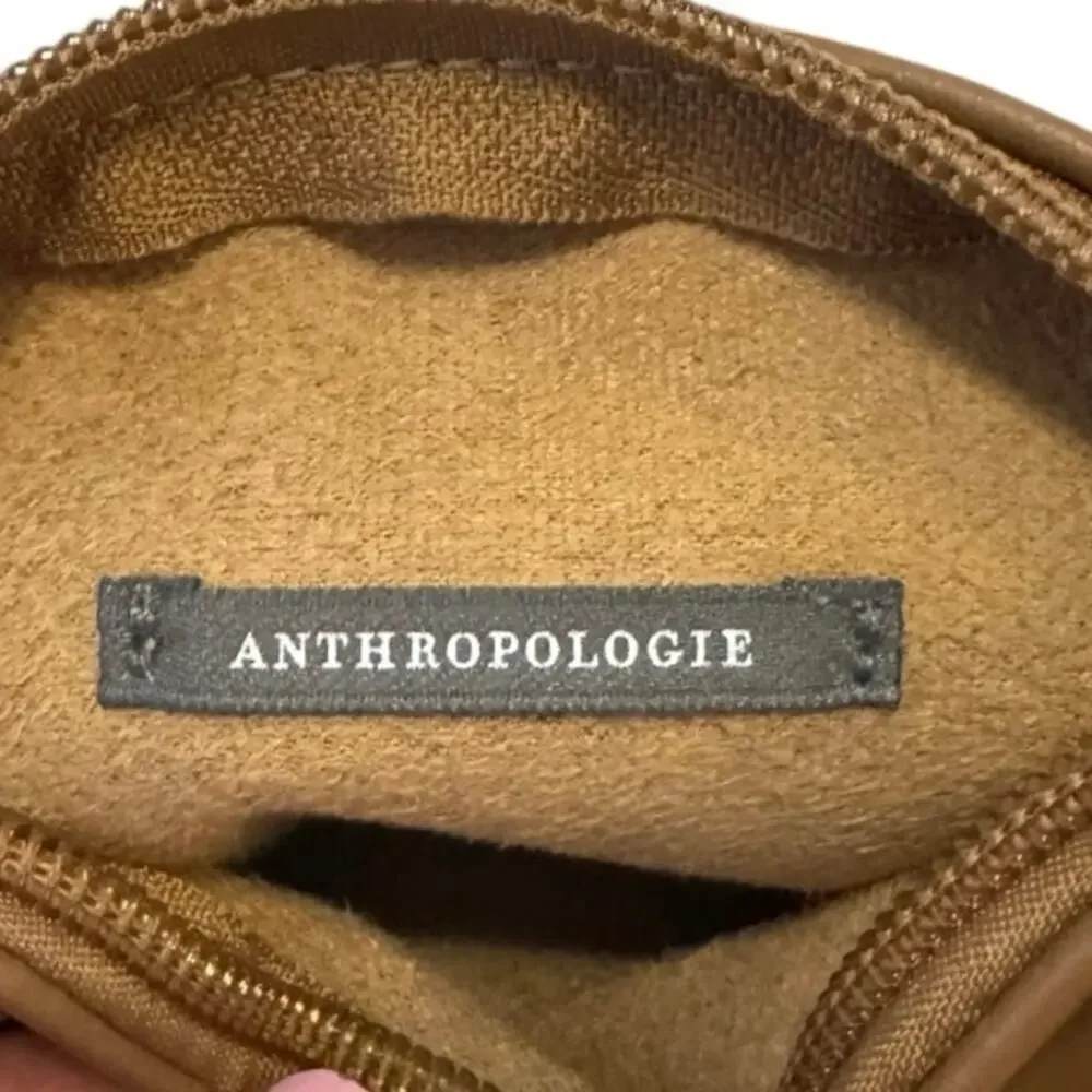 Anthropologie Women's Brown Solid Leather Classic Zip Cosmetic Pouch Bag